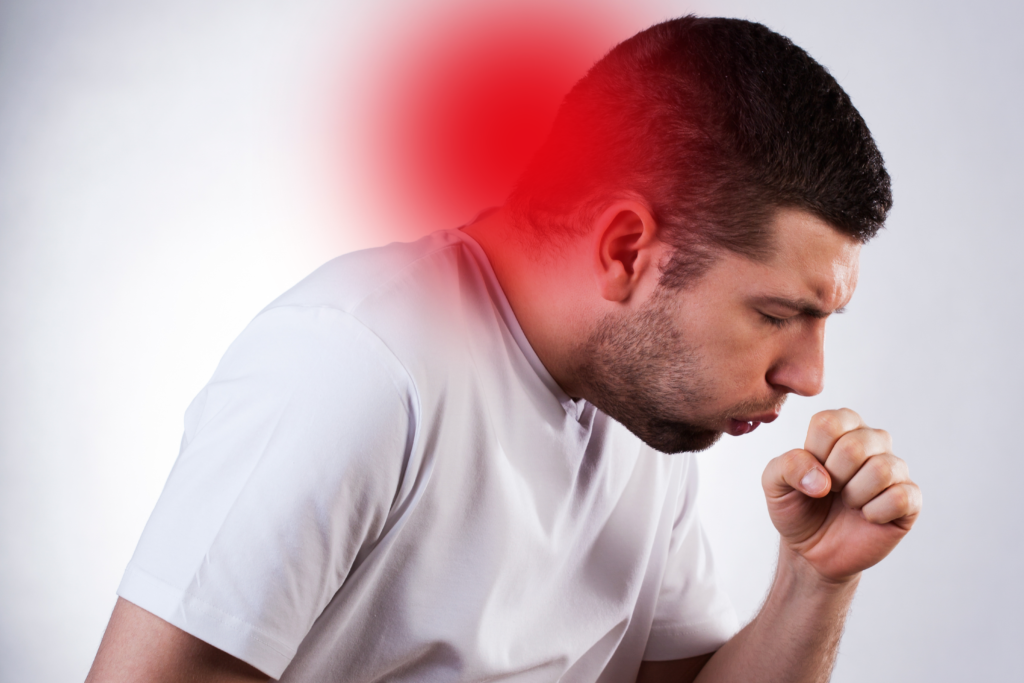 Illness that affects you from your neck up Man in white shirt coughing